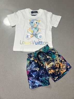 Louis Vuitton White Teddy Bear Tee & Multicolor Monogram Shorts Set